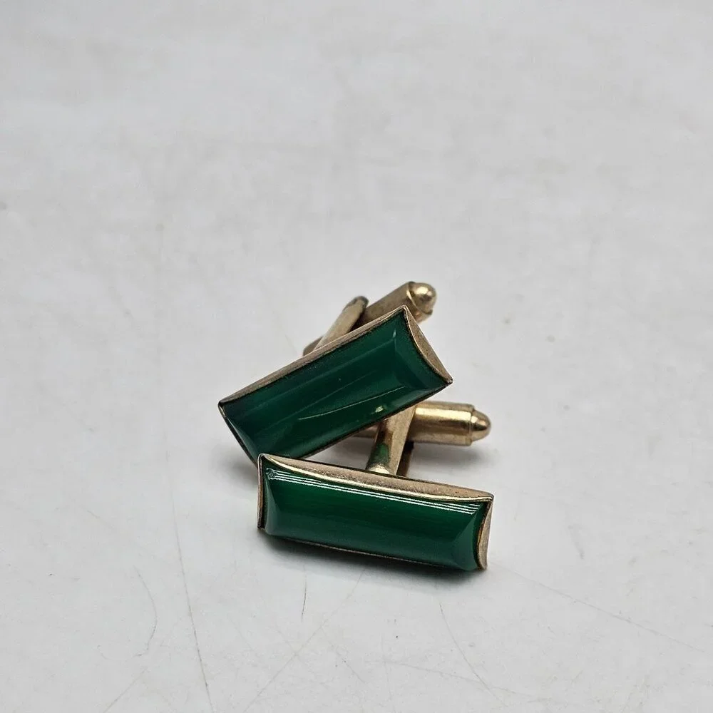 Vintage Gold Tone Mid Century Green Onyx Cufflinks